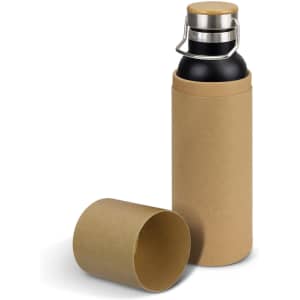A drink bottle with a black body and silver lid, presented in a brown cardboard tube.