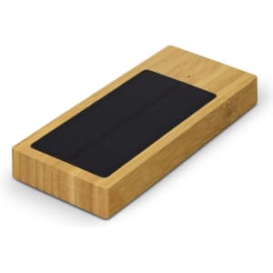 A bamboo solar power bank with a sleek design, featuring a black solar panel on top.