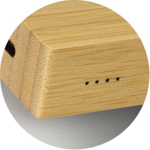 A bamboo solar power bank with a smooth wooden finish, featuring indicator lights and a logo.