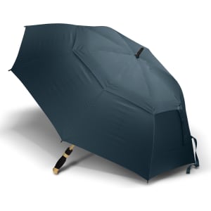 A dark green sports umbrella features a sturdy frame and a branded handle.