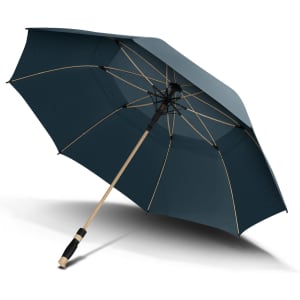 A dark blue umbrella with a wooden handle and a large canopy, featuring an interior framework. It has a logo.