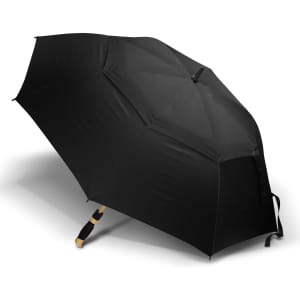 A black sports umbrella with a wooden handle and a sturdy design. It features a logo on the fabric.
