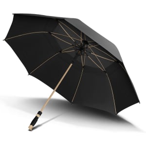 A black sports umbrella with a wooden handle and a sleek design. It features a logo on the shaft.