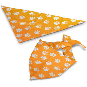 A small pet bandana in bright orange featuring a pattern of white paw prints and a logo.