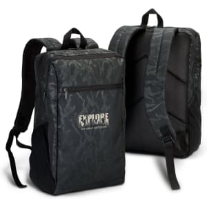 A dark green urban camouflage backpack featuring a logo, with padded straps and a zippered front pocket.