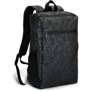 A dark green camouflage backpack with a sleek design and padded straps, featuring a logo and multiple compartments.