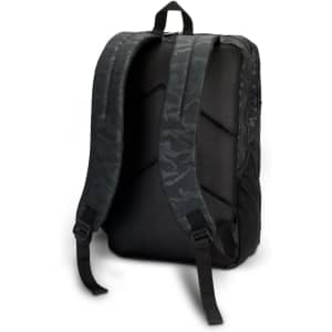 A dark green urban camo backpack with padded straps and a textured back. Features a branding logo.