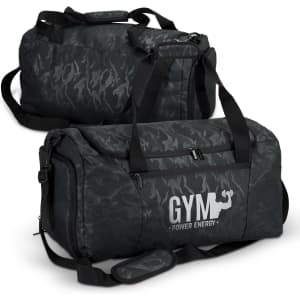 Urban Camo Duffle bag in dark green with a textured camo pattern and strap handles, featuring branding.