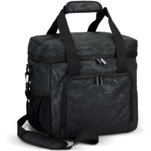 A black and dark green camouflage cooler bag with multiple compartments and sturdy handles. It has a branded logo.