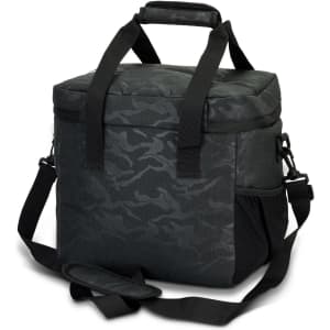 A black cooler bag with an urban camo pattern, featuring two sturdy handles and a detachable shoulder strap.