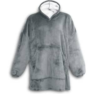 A grey fleece blanket hoodie with a large front pocket and a hood, featuring a soft interior lining.