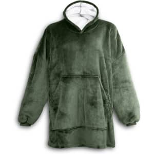 A green blanket hoodie with a large front pocket and a cosy, soft texture. It features a hood and long sleeves.
