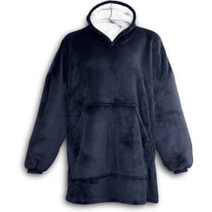 A navy blue blanket hoodie featuring a soft interior and a large front pocket, designed for comfort and warmth.