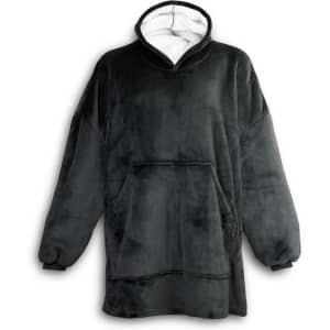 A dark green fleece blanket hoodie with a front pocket and a white lining. It features a logo.