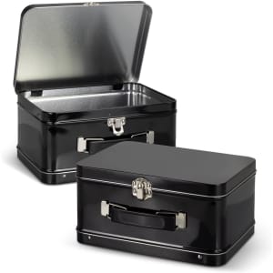 A black tin lunch box with a hinged lid, featuring a shiny interior and metal clasps.