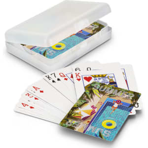 A set of vibrant playing cards featuring a summer design, presented in a clear plastic gift case.