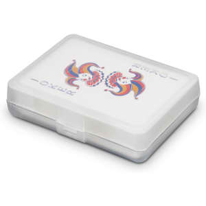 A gift case containing a deck of playing cards with colourful joker designs on a white surface.