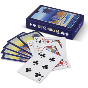 A box of Vegas Playing Cards in blue, with visible playing cards including hearts, diamonds, and clubs.