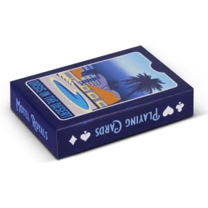A blue playing card deck featuring a design of a motel and palm trees. The box has a logo and artistic details.