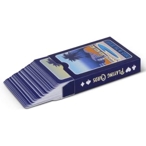 A deck of Vegas playing cards in a blue box featuring palm trees and a city skyline design.