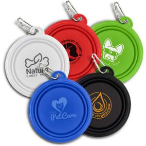 A set of five silicone collapsible pet bowls in red, blue, green, black, and white, featuring various logos.
