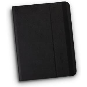 A black tablet case with a textured surface and a black elastic strap, featuring a logo.