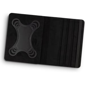 A black tablet case with a textured interior and a holder design. It features multiple slots for accessories.
