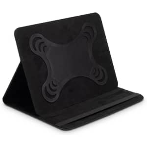 A black tablet case with a textured front and a foldable stand feature. It includes a logo detail.