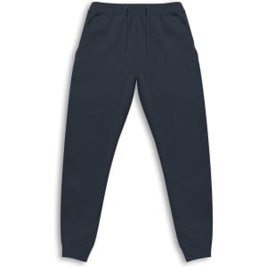 Navy unisex sweatpants with a drawstring waist and side pockets. Features a branding logo.
