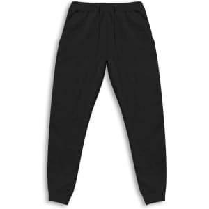 Black unisex sweatpants with a drawstring waist and side pockets, featuring a branding logo.