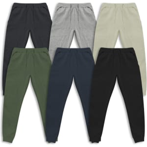 A collection of unisex sweatpants in six colours: grey, black, navy, olive green, beige, and dark grey, featuring a logo.