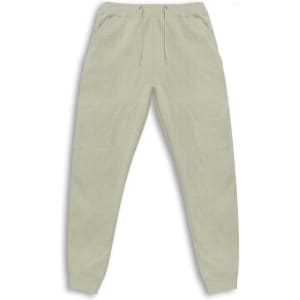 A pair of light green unisex sweatpants with an elasticated waistband and drawstring, featuring pockets and a logo.