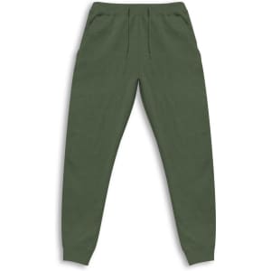A pair of green unisex sweatpants with an elastic waistband and side pockets. It features a logo.