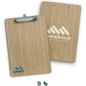 A bamboo clipboard with a metal clip and branding on one side. It features a natural wood finish.