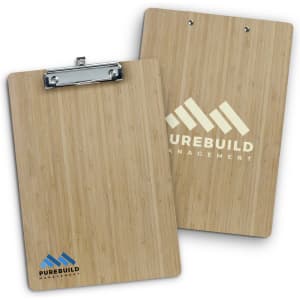 A bamboo clipboard with a silver clip, featuring a logo on one side and a natural wood finish.