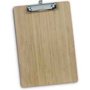 A bamboo clipboard with a silver metal clip, showcasing a natural wood finish and smooth surface.