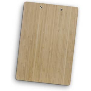 A bamboo clipboard in a natural light brown finish, featuring two metal clips at the top.