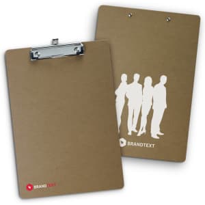 A brown clipboard with a silver clip, featuring a silhouette design on one side and a logo.