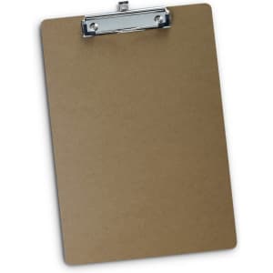 A brown clipboard made of hardboard with a metal clip at the top for holding papers.