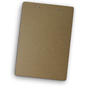 A brown clipboard made of hardboard with two metal clips at the top. It has a smooth surface and rounded corners.