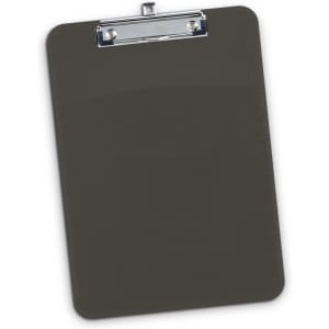 A dark grey clipboard with a silver metal clip and ruler markings along the edges.