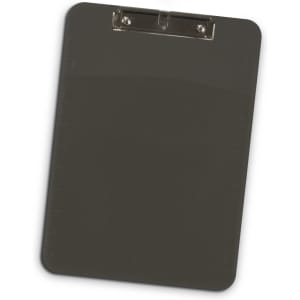 A dark grey clipboard with a clip at the top and rulers marked along the edges. It features a branding logo.