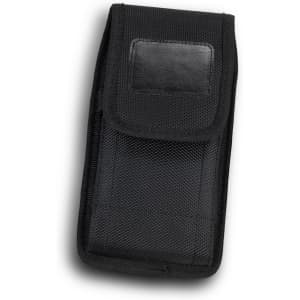 A black phone pouch with a textured finish and a flap closure. It features a logo.