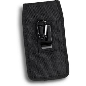 A black phone pouch with a textured fabric surface and a metal clip attachment. It has a logo on the front.