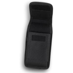 A black phone pouch with a textured exterior, featuring Velcro closures and a compact design. It has a logo on it.