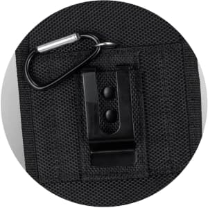 A black phone pouch with a clip and a carabiner attachment. The material appears durable and textured.