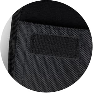 A black phone pouch featuring a textured exterior and a velcro closure. It includes a discreet logo on the surface.
