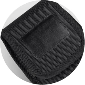 A black phone pouch with a textured design and a smooth patch area, featuring a logo on the front.
