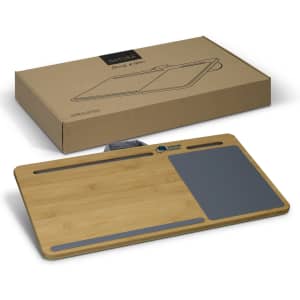 A bamboo lap desk featuring a grey section and a storage slot, displayed with its brown packaging.