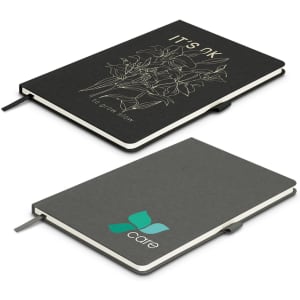 A black notebook with a floral design on the front and a grey back cover featuring a logo.
